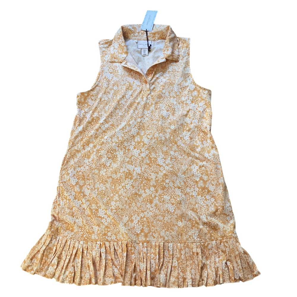 Laura Ashley Mustard Yellow Floral Sleeveless Polo Dress Pleated Hem XL NWT